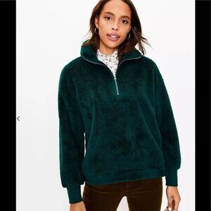 NWT! LOFT Sherpa Zip Sweatshirt, Green, size XXS petite (fits XS/S)
